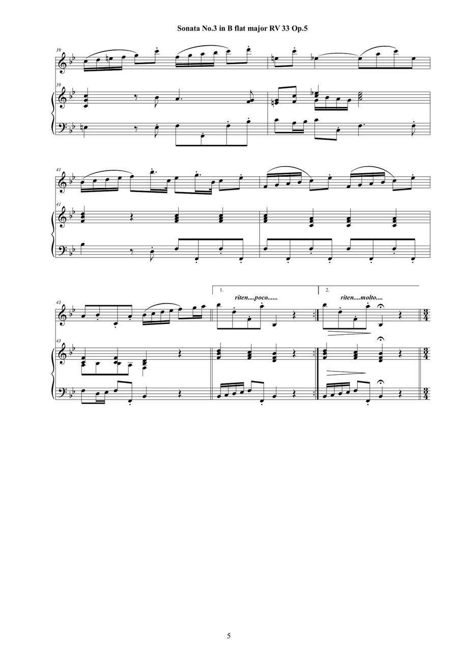 Vivaldi - Violin Sonata No. 3 in B flat major RV 33 Op.5 for Violin and Cembalo (or Piano) String Duet scores gallery preview page 5