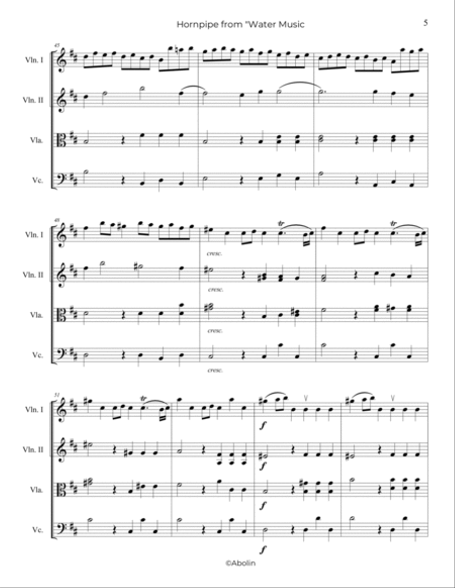 Handel: Alla Hornpipe from Water Music, Suite No.2 - String Quartet String Quartet scores gallery preview page 6