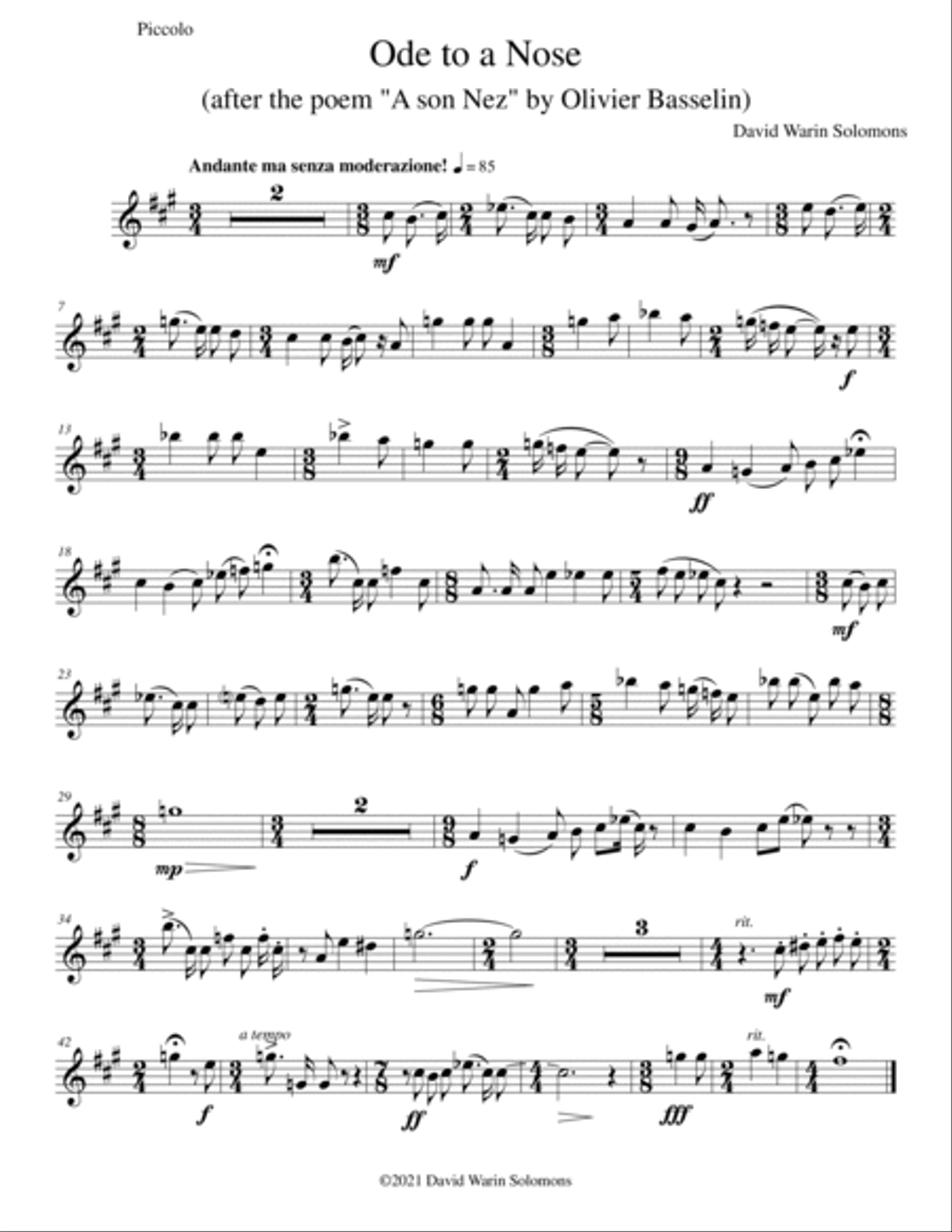 Ode to a Nose for piccolo oboe clarinet and guitar by David