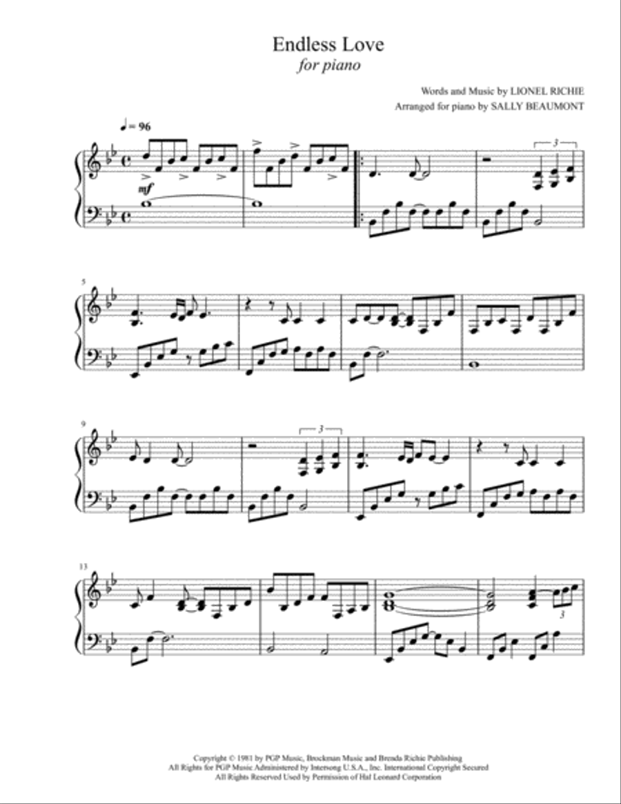 Endless Love Piano Solo scores gallery preview page 1