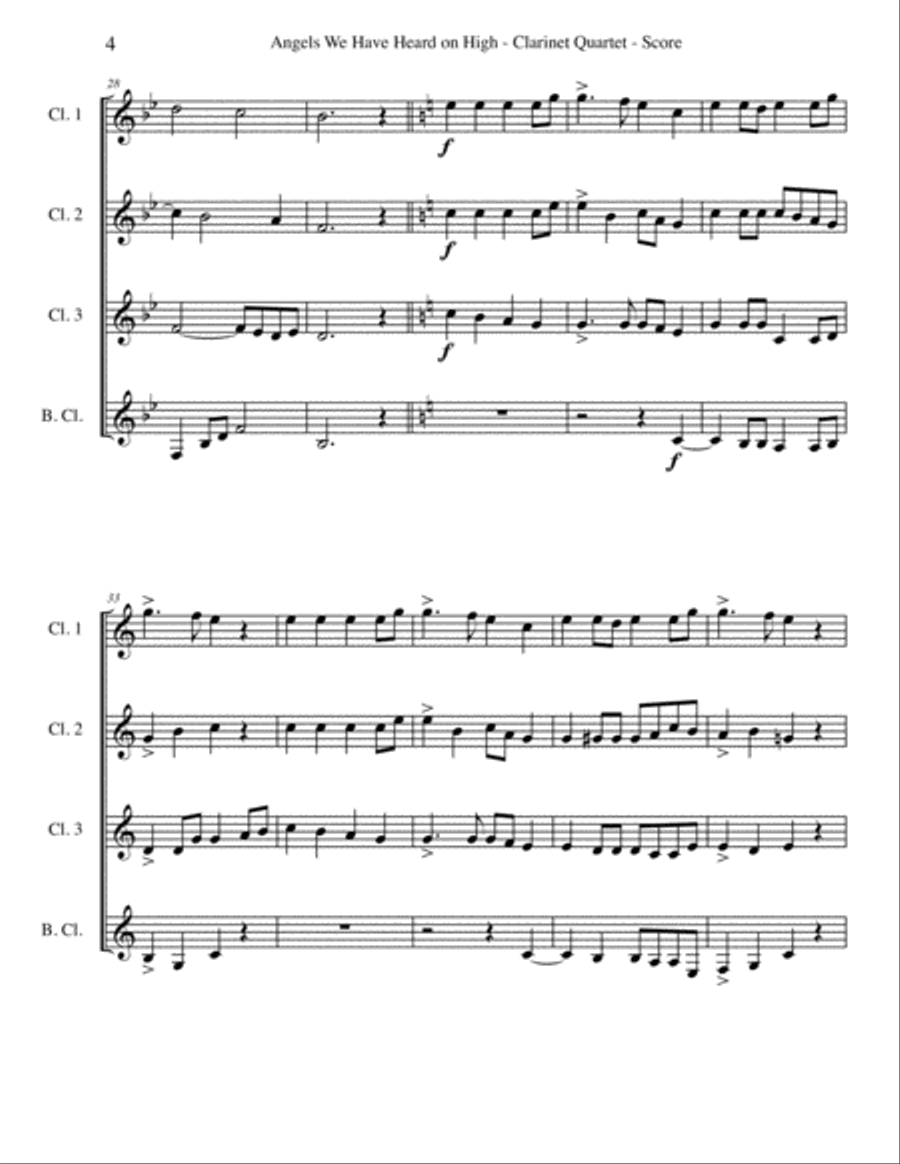 Angels We Have Heard on High for Clarinet Quartet Clarinet Quartet scores gallery preview page 4