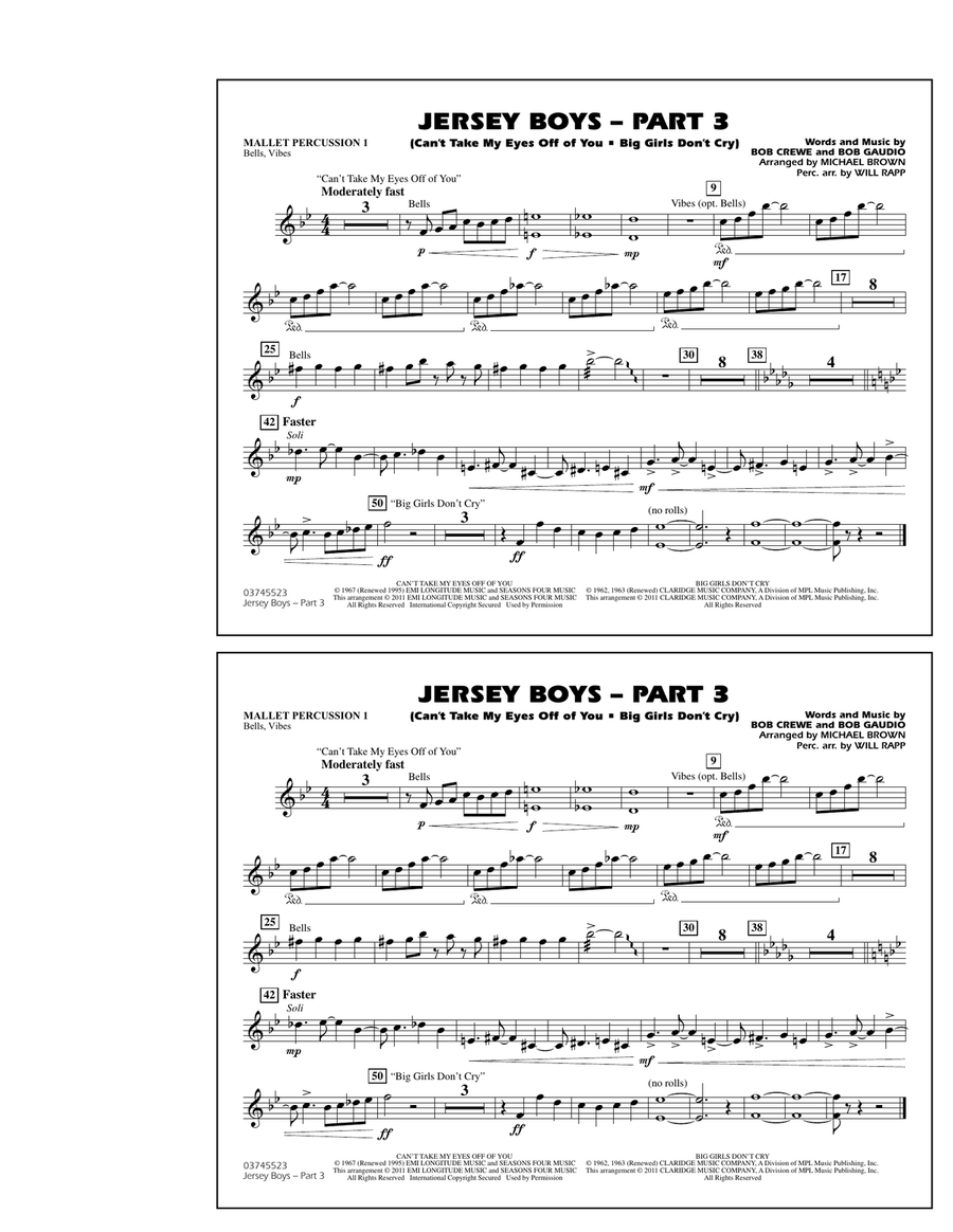 Jersey Boys: Part 3 - Mallet Percussion 1 Marching Band scores gallery preview page 1