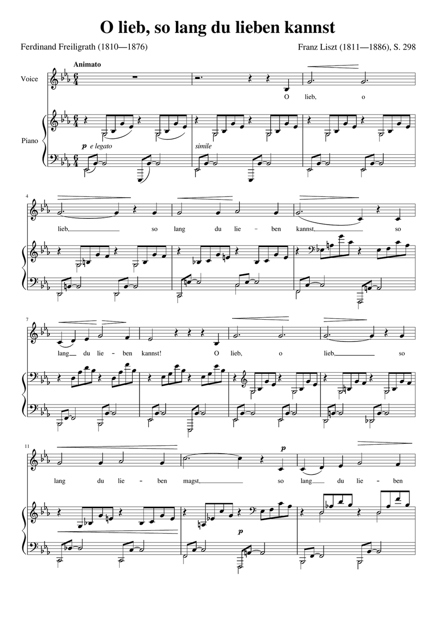 O lieb so lang du lieben kannst (Franz Liszt) [Medium Low Voice; key: Eb] Low Voice scores gallery preview page 1