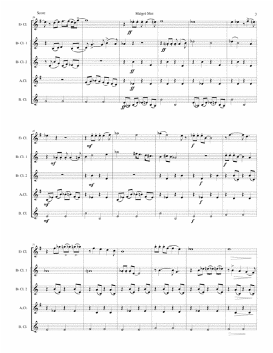 Malgré Moi for clarinet quintet (E flat, 2 B flats, alto and bass) Clarinet Quintet scores gallery preview page 3