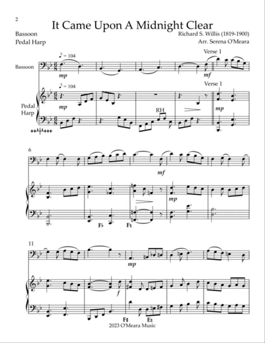 It Came Upon A Midnight Clear, Duet for Bassoon & Pedal Harp Bassoon scores gallery preview page 2