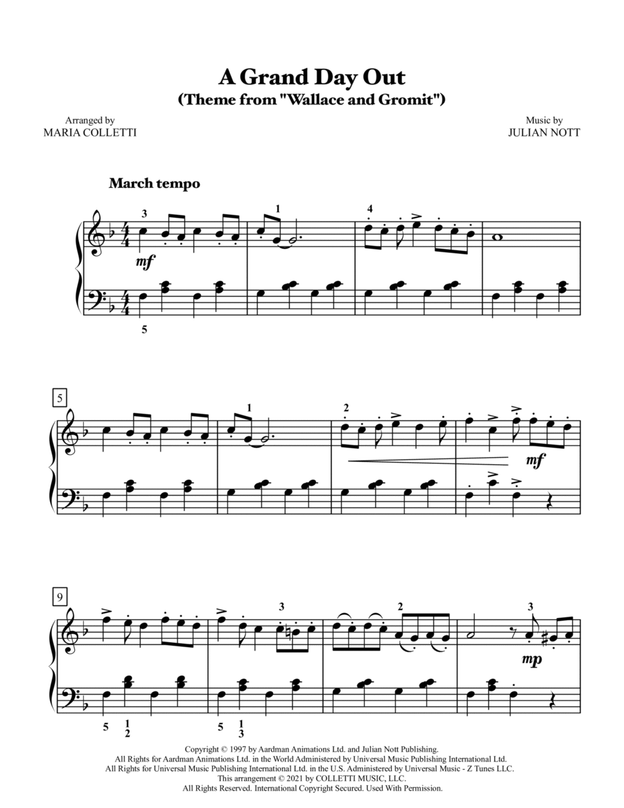 Wallace And Gromit Theme Easy Piano scores gallery preview page 1