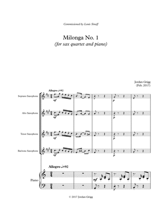 Book cover for Milonga No 1 for sax quartet and piano