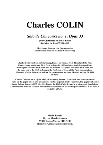 Charles COLIN Solo de Concours no. 1, Opus 33 , arranged for Bb clarinet and piano
