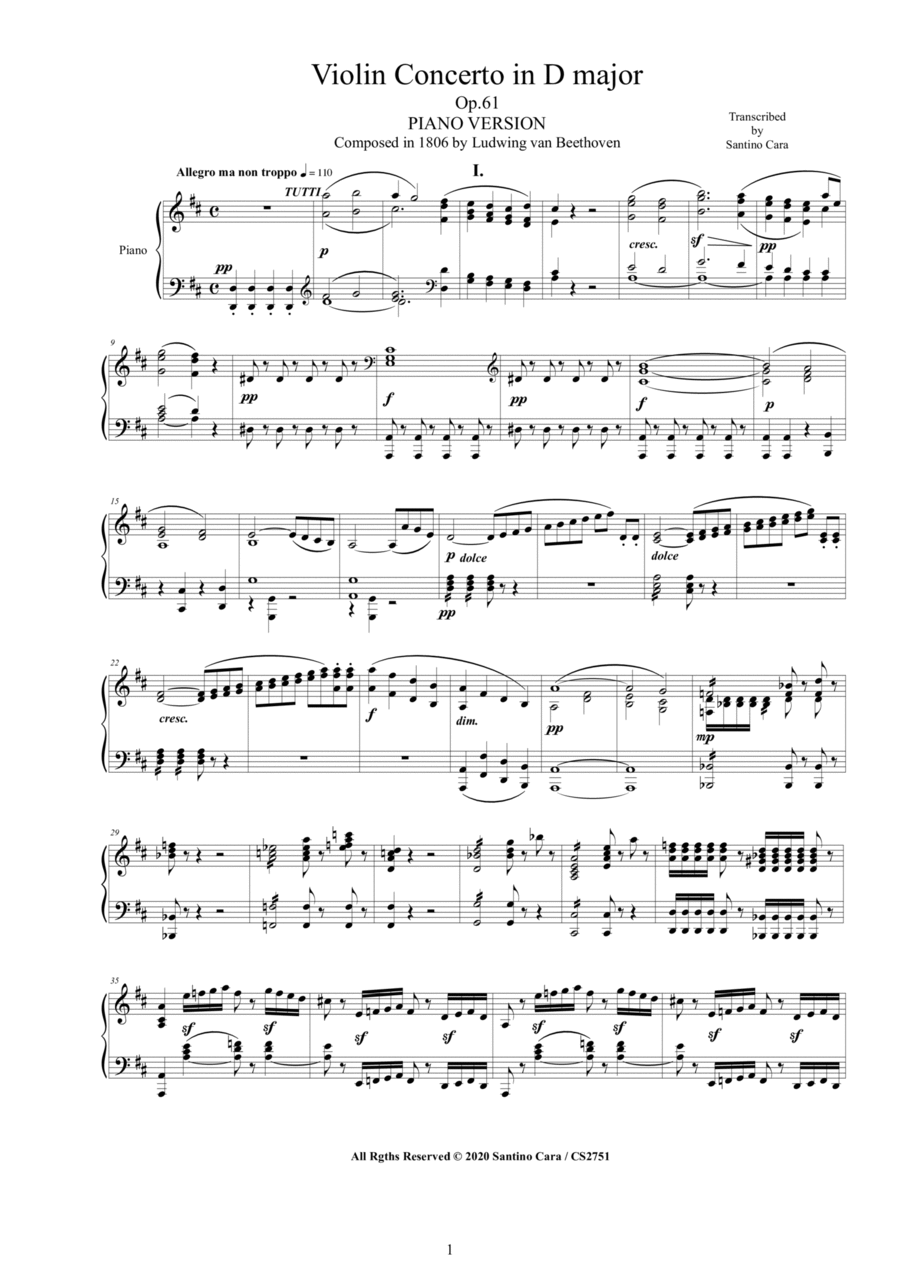 Beethoven - Violin Concerto in D major Op.61 - Piano Version Violin Solo scores gallery preview page 1