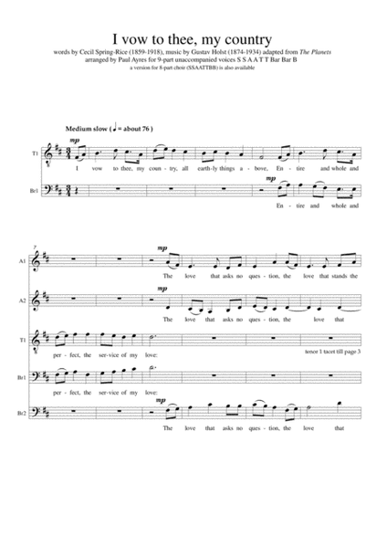 I vow to thee my country: 9-part choral arrangement image number null