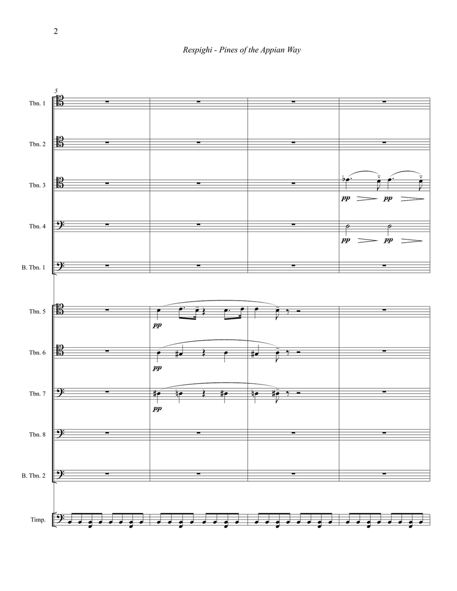 Pines of the Appian Way from Pines of Rome for 10 Trombones & Timpani Large Ensemble scores gallery preview page 2