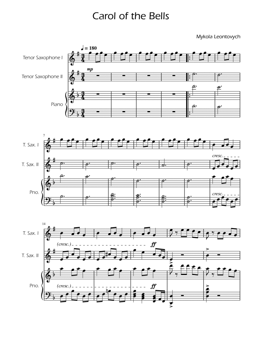 Carol of the Bells - Tenor Sax Duet w/ Piano Woodwind Duet scores gallery preview page 1