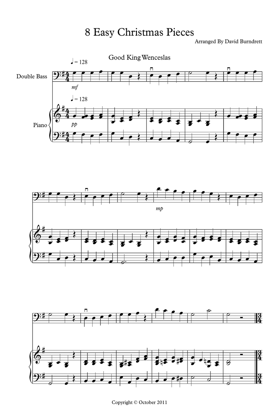 8 Easy Christmas Pieces for Double Bass And Piano String Duet scores gallery preview page 1