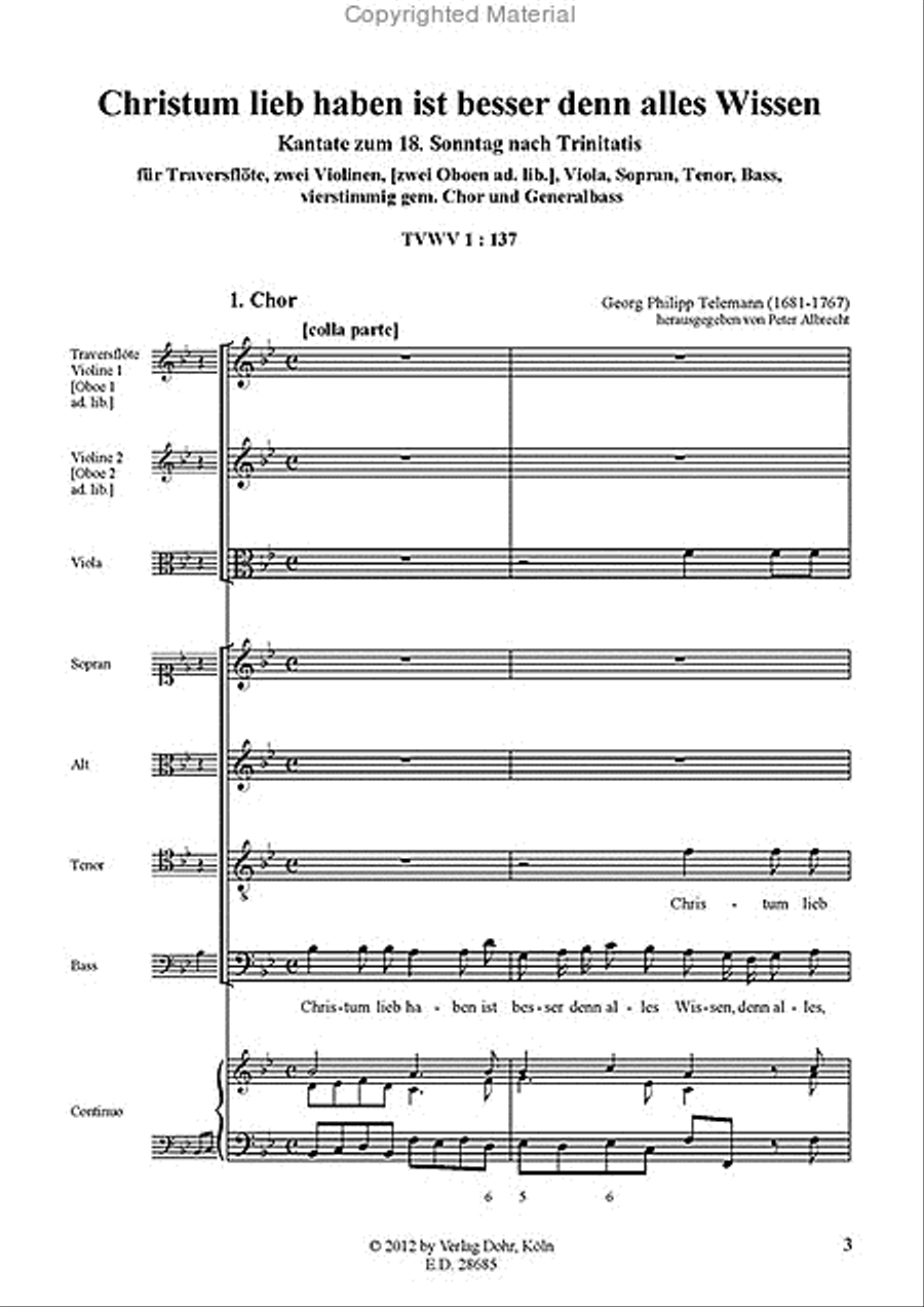 Christum lieb haben ist besser denn alles Wissen für Traversflöte, zwei Violinen (zwei Oboen ad lib.), Viola, Sopran, Tenor, Bass, 4stg. gem. Chor und Generalbass TVWV 1:137 -Kantate zum 18. Sonntag Trinitatis- 4-Part scores gallery preview page 2