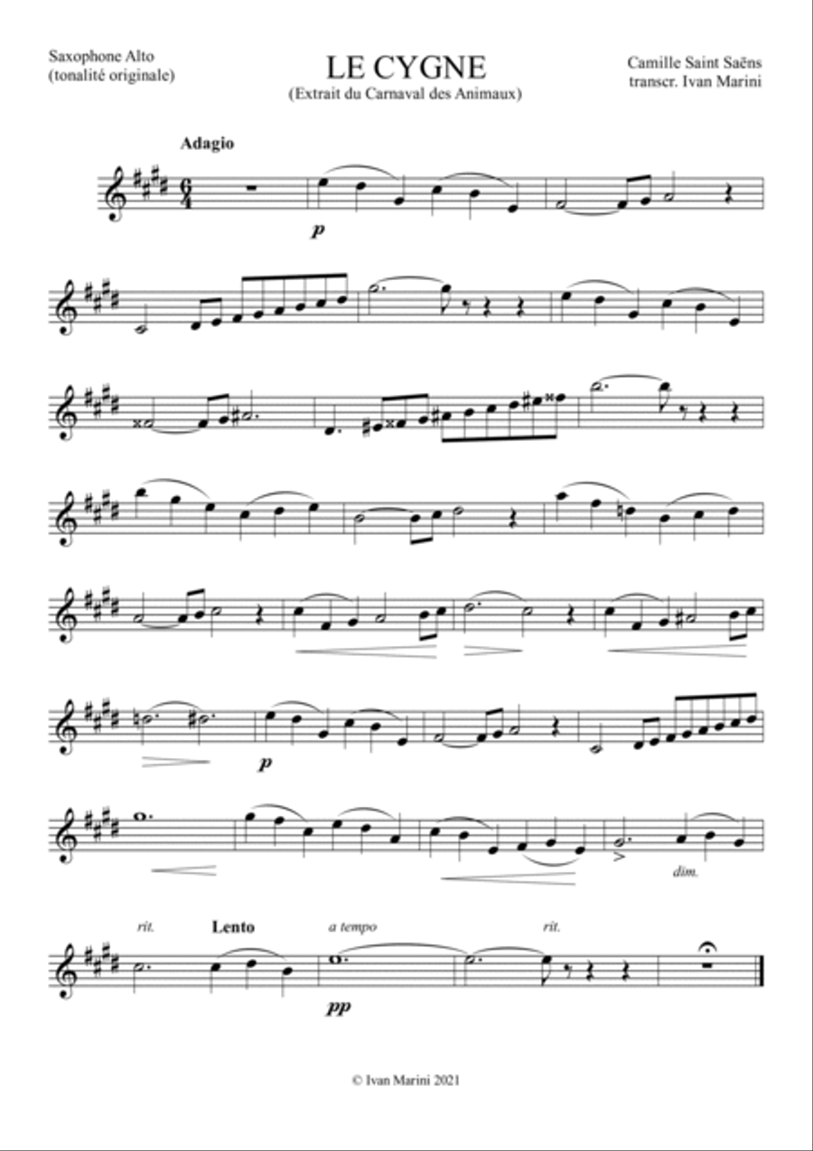 THE SWAN from The Carnival of the Animals for Alto Sax and Piano