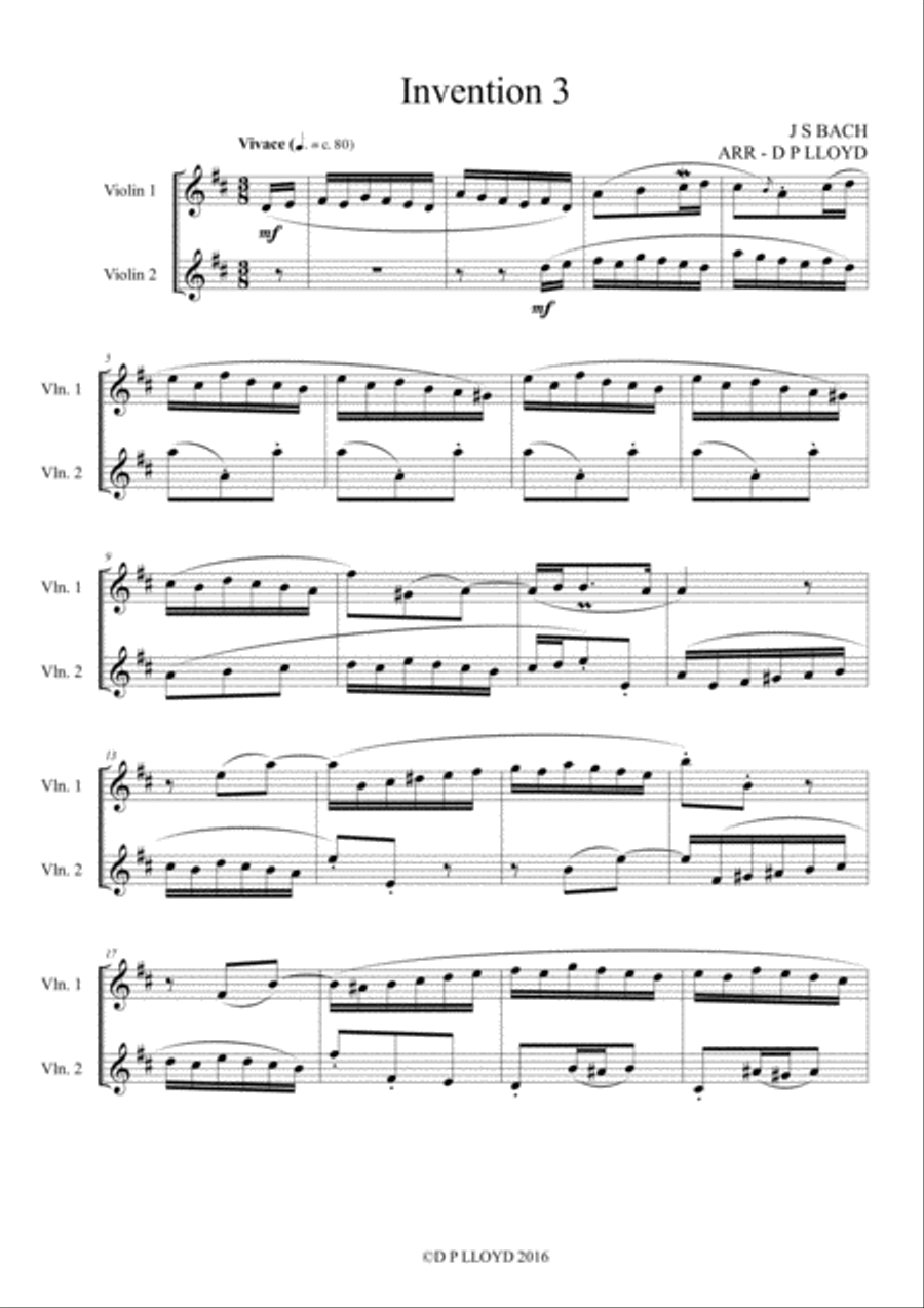 Violin duets - 5 J S Bach keyboard inventions arranged for 2 Violins. String Duet scores gallery preview page 3