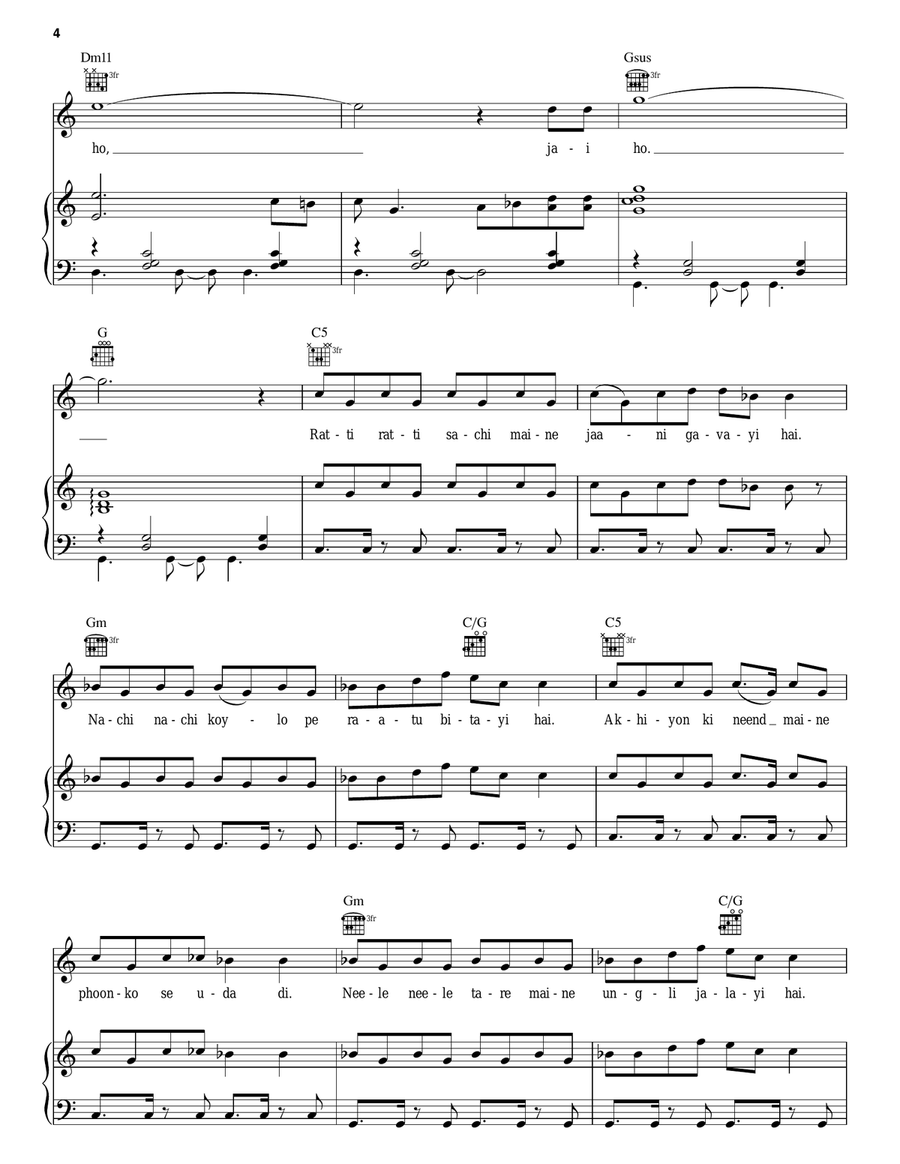 Jai Ho Piano, Vocal, Guitar scores gallery preview page 4