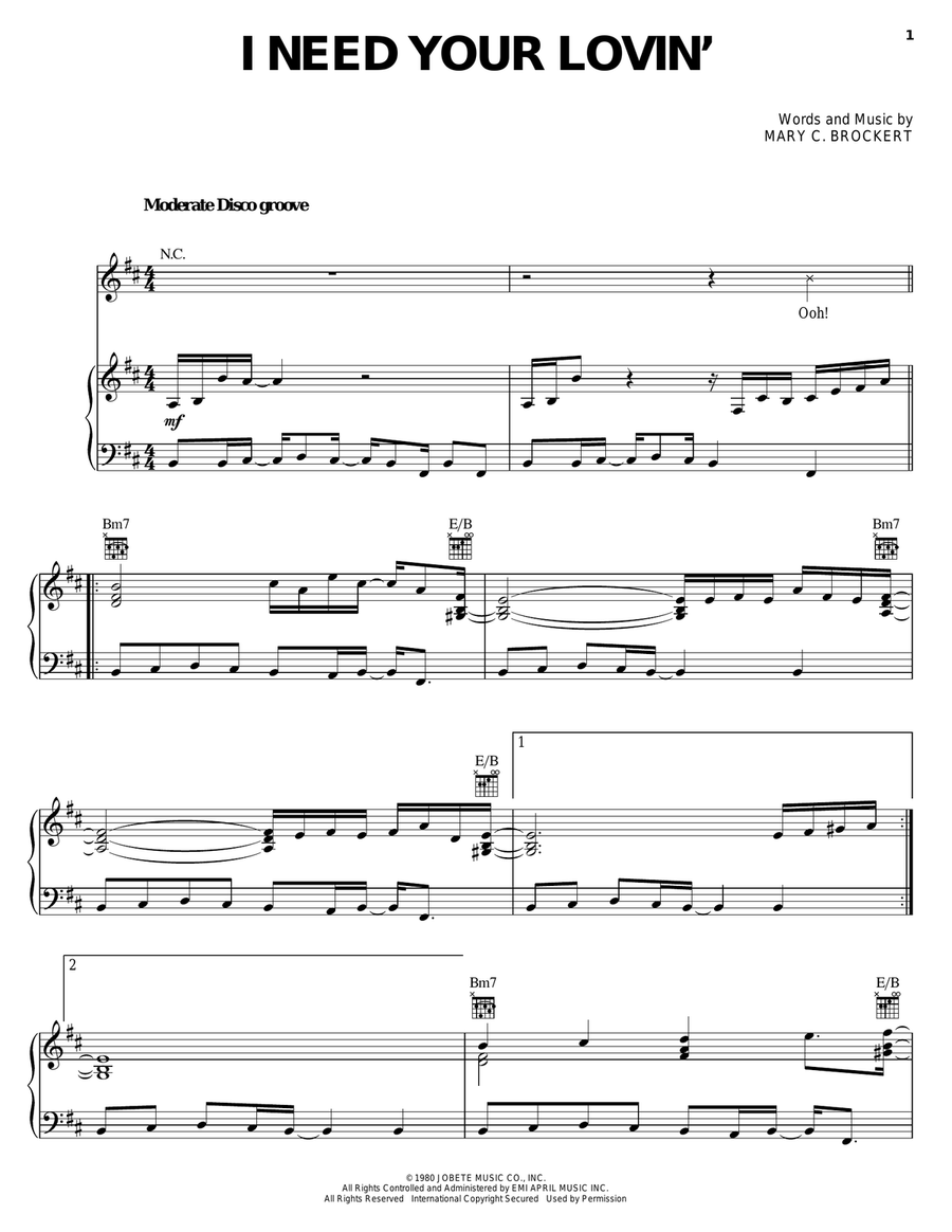 I Need Your Lovin' Piano, Vocal, Guitar scores gallery preview page 1