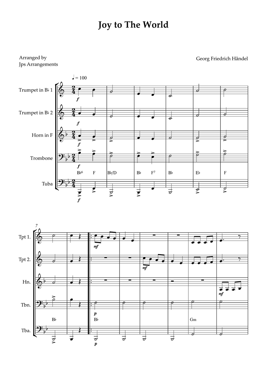 Joy To The World brass quintet easy beginner Brass Quintet scores gallery preview page 1