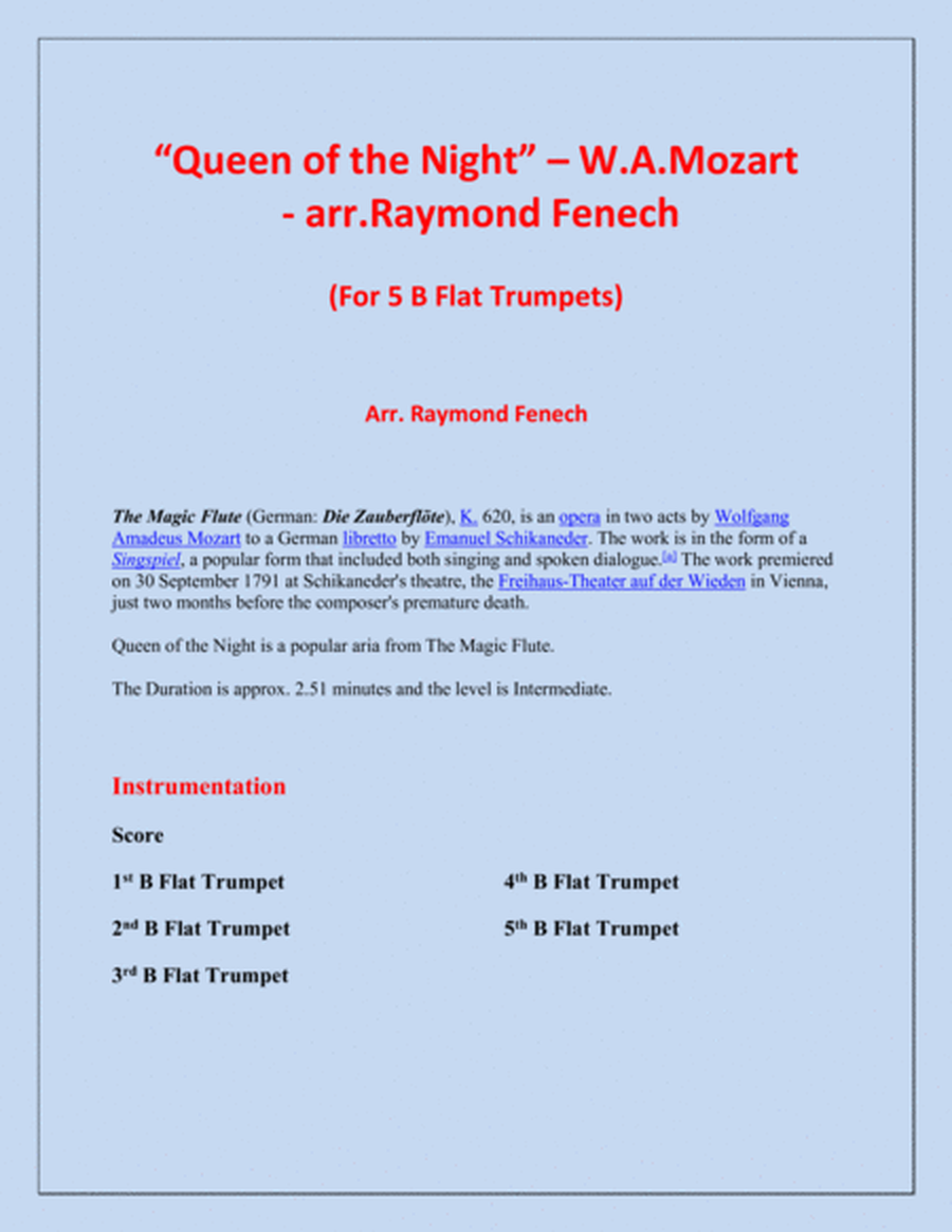 Queen of the Night - From the Magic Flute - 5 B Flat Trumpets Quintet image number null
