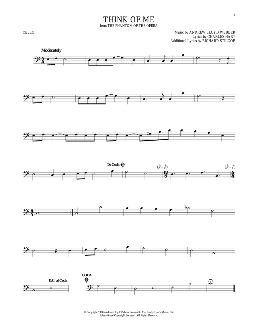 Think Of Me (from The Phantom Of The Opera) Cello Solo scores gallery preview page 1