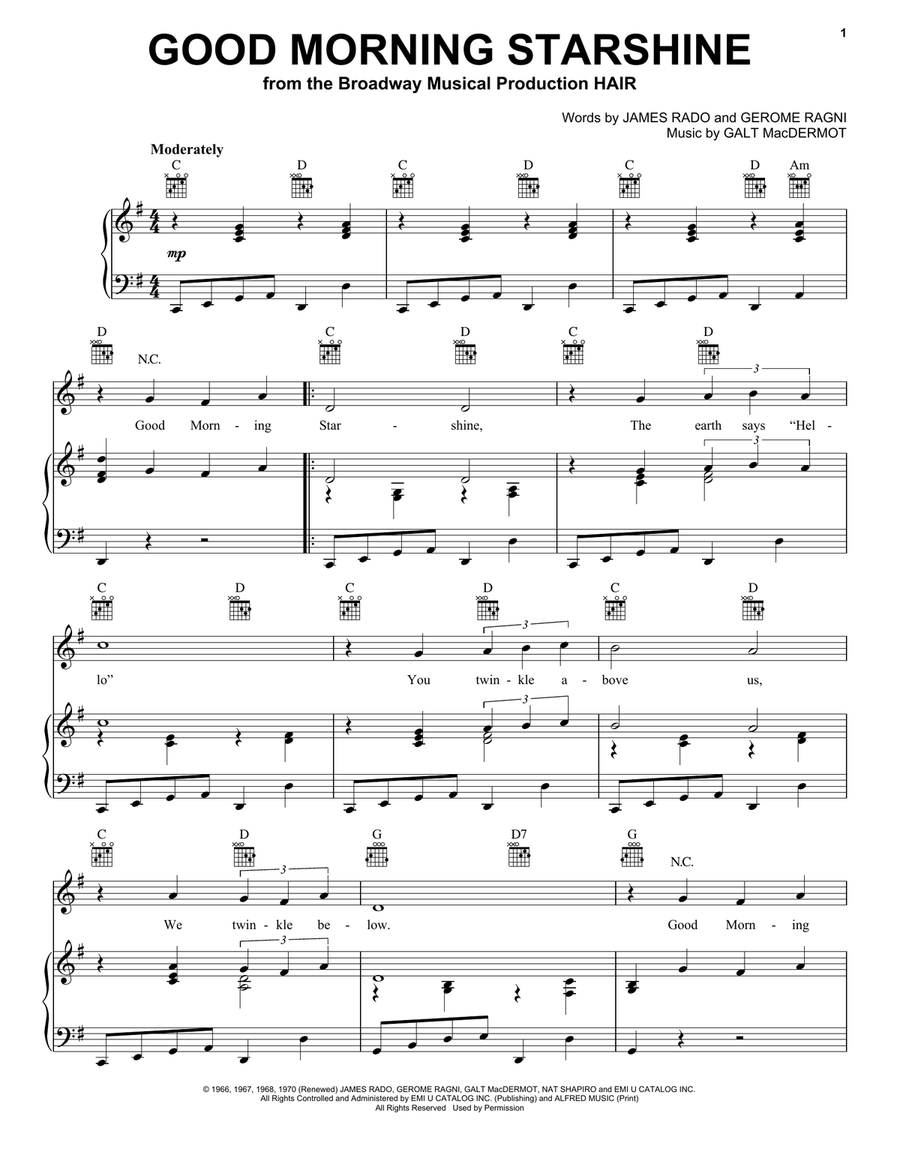 Good Morning Starshine Piano, Vocal, Guitar scores gallery preview page 1