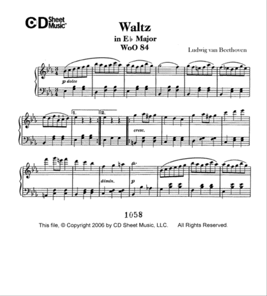 Waltz In E-flat Major, Woo 84 Piano Solo scores gallery preview page 1