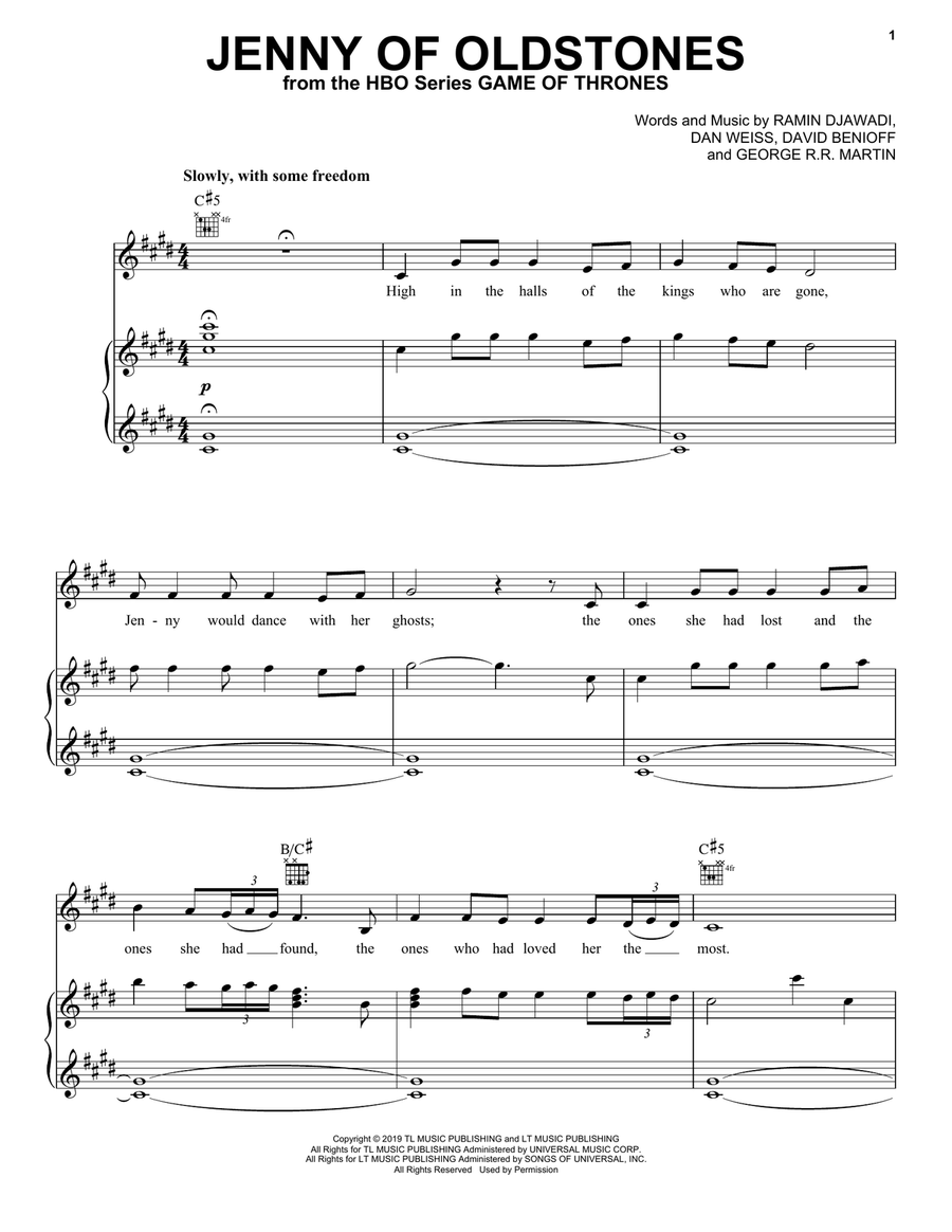 Jenny Of Oldstones (from Game of Thrones) Piano, Vocal, Guitar scores gallery preview page 1