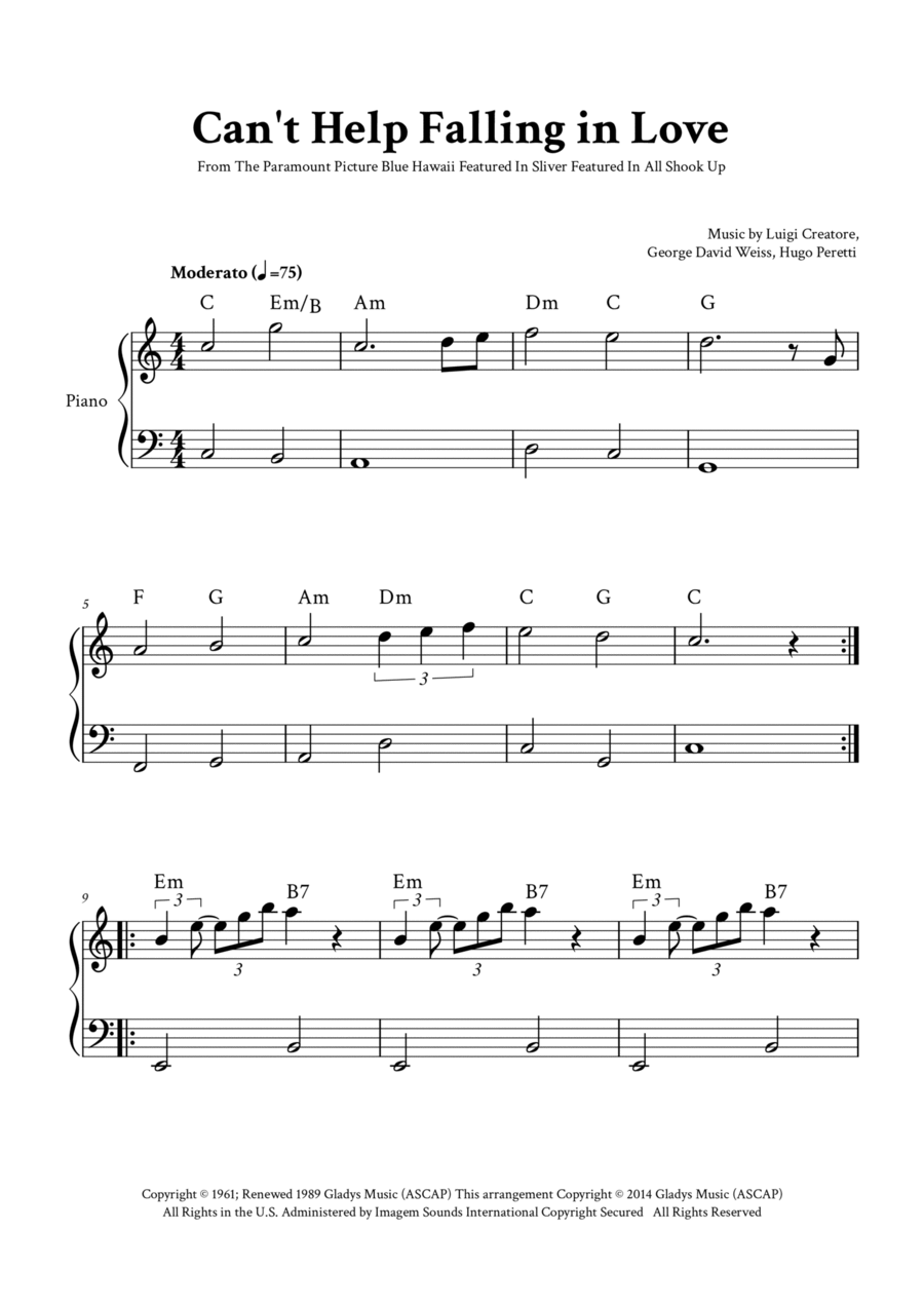 Can't Help Falling In Love Easy Piano scores gallery preview page 1