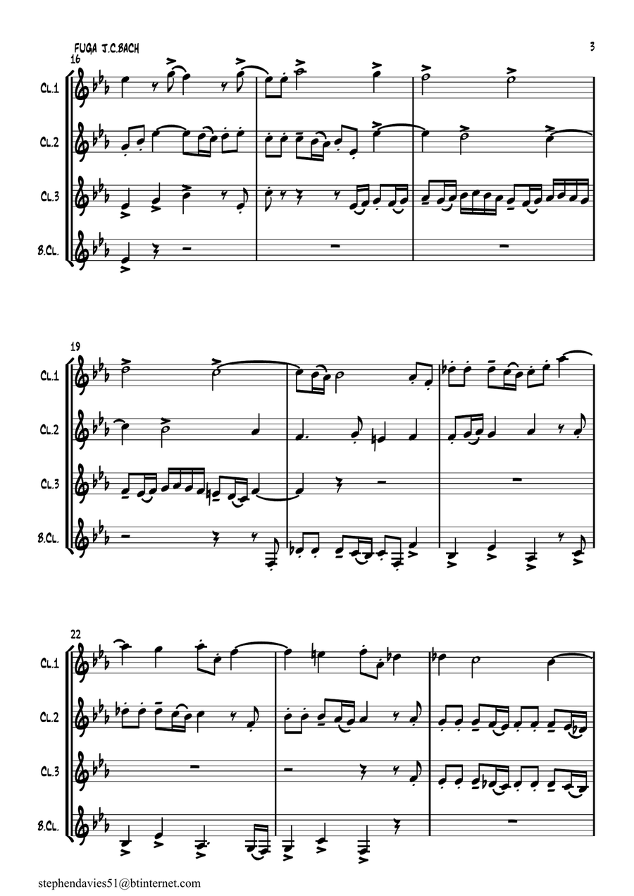 'Fuga' from '6 Sonatas For Piano' by Johann Christian Bach for Clarinet Quartet. image number null