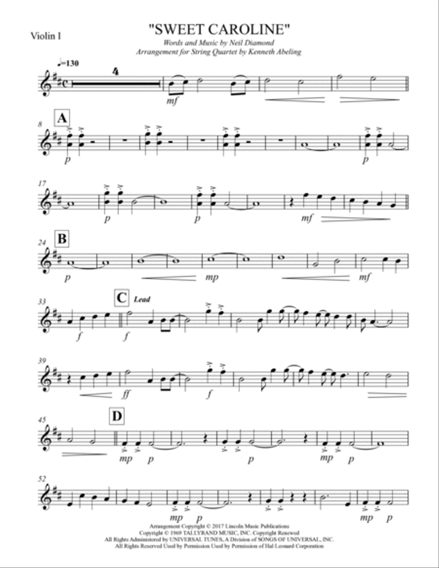 Sweet Caroline String Quartet scores gallery preview page 6