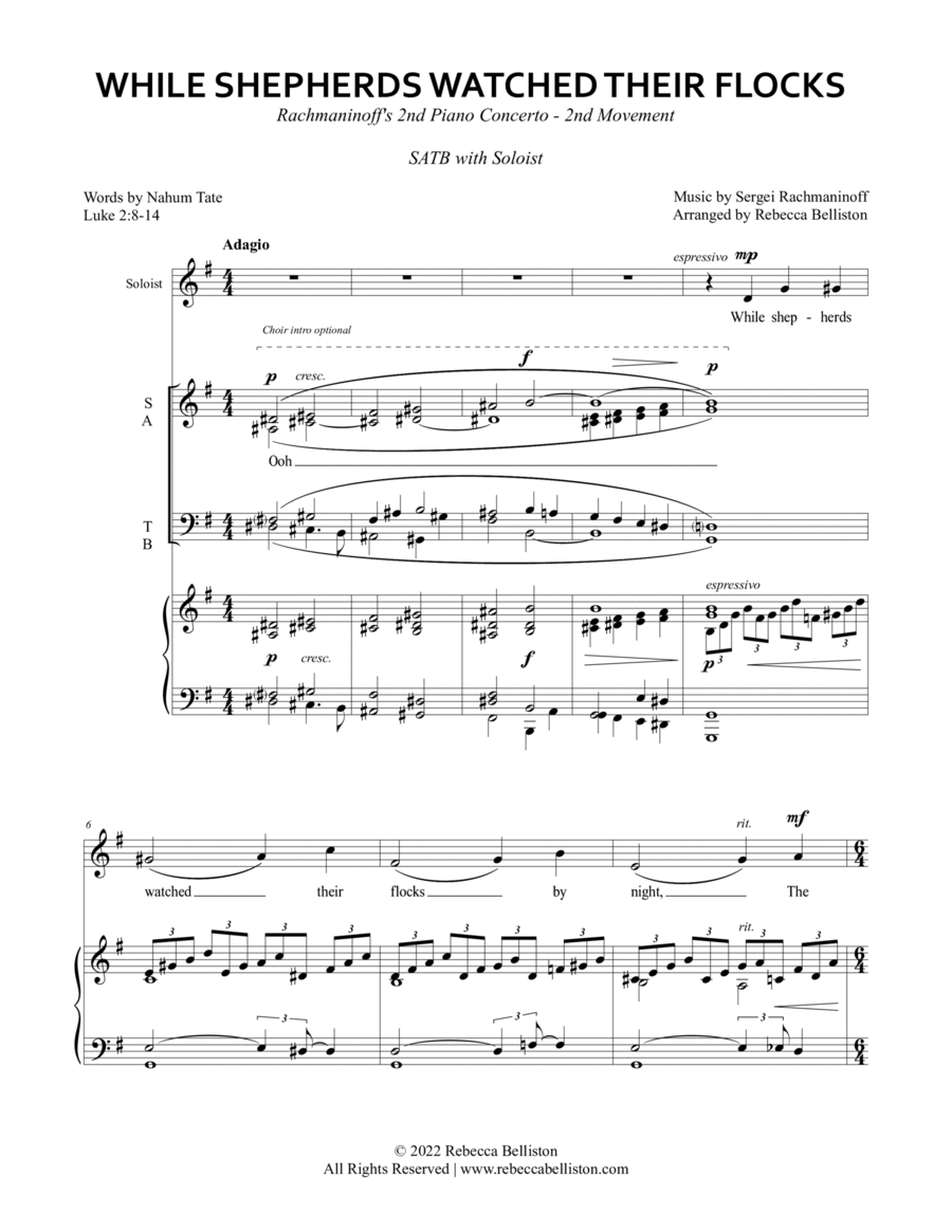Second Mvmt (SATB), While Shepherds Watched Their Flocks / Rachmaninoff's Piano Concerto No. 2 4-Part scores gallery preview page 1