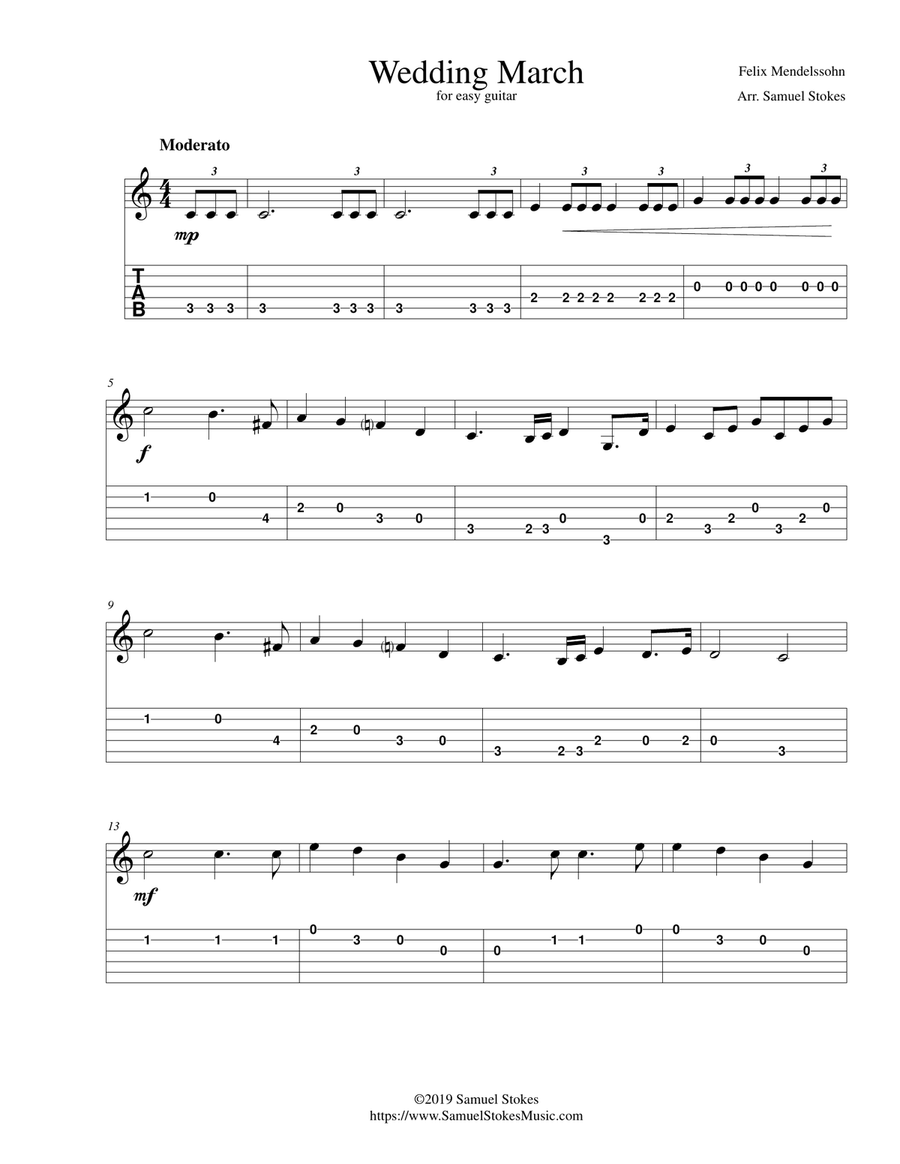Wedding March (Mendelssohn) - for easy guitar with TAB Acoustic Guitar scores gallery preview page 1