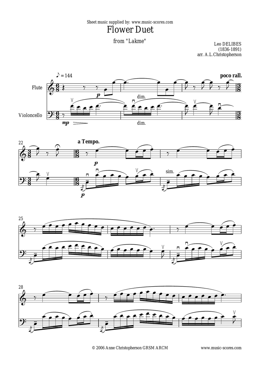 Flower Duet from Lakme - Flute and Cello, unaccompanied Flute scores gallery preview page 1