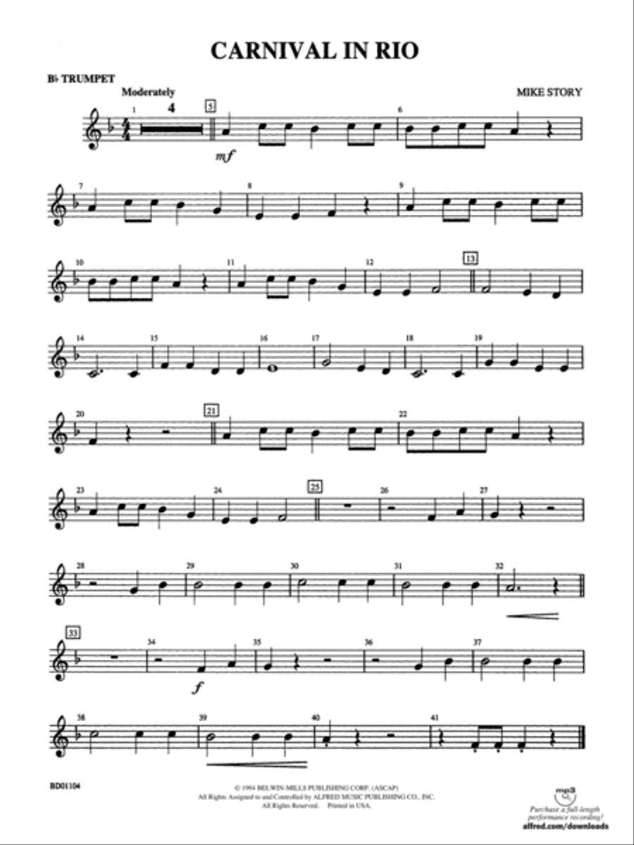 Carnival in Rio: 1st B-flat Trumpet Concert Band scores gallery preview page 1