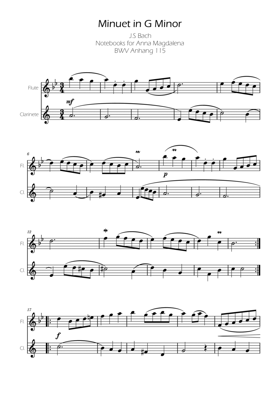 Minuet in G minor BWV Anh. 115 - Bach - Flute and Clarinet Woodwind Duet scores gallery preview page 1