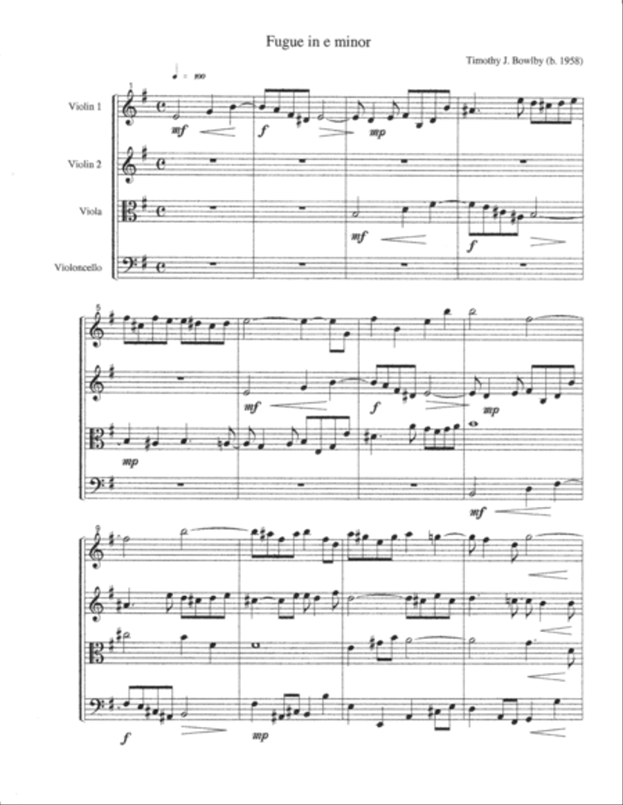 Fugue in e minor (1994) for string quartet (SCORE and PARTS) String Quartet scores gallery preview page 1