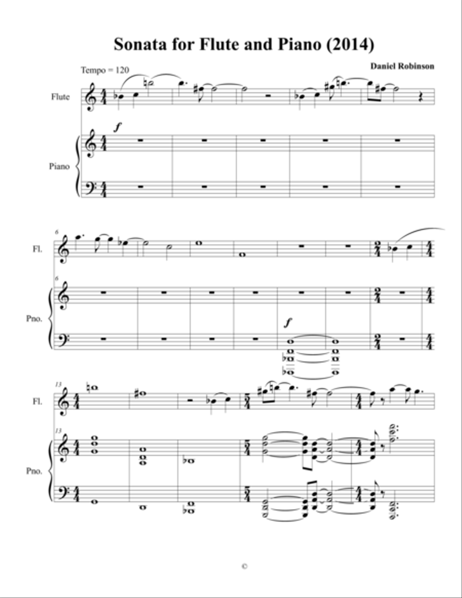 Sonata for Flute and Piano (2014), movement 1 full score and solo flute parts