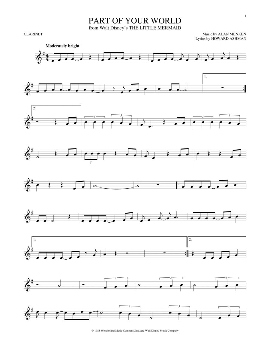 Part Of Your World (from The Little Mermaid) Clarinet Solo scores gallery preview page 1