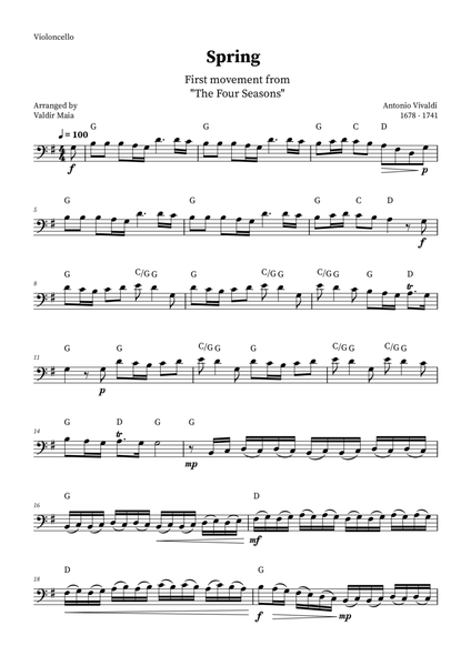 Spring - The Four Seasons for Cello Solo (G Major with chords) image number null