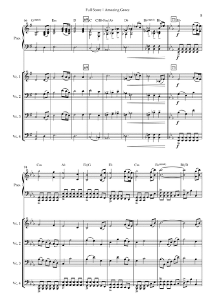 Amazing Grace (John Newton, E. O. Excell) for Cello Quartet and Piano Accompaniment with Chords image number null