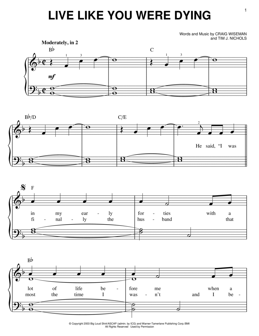 Live Like You Were Dying Live Like You Were Dying Easy Piano scores gallery preview page 1