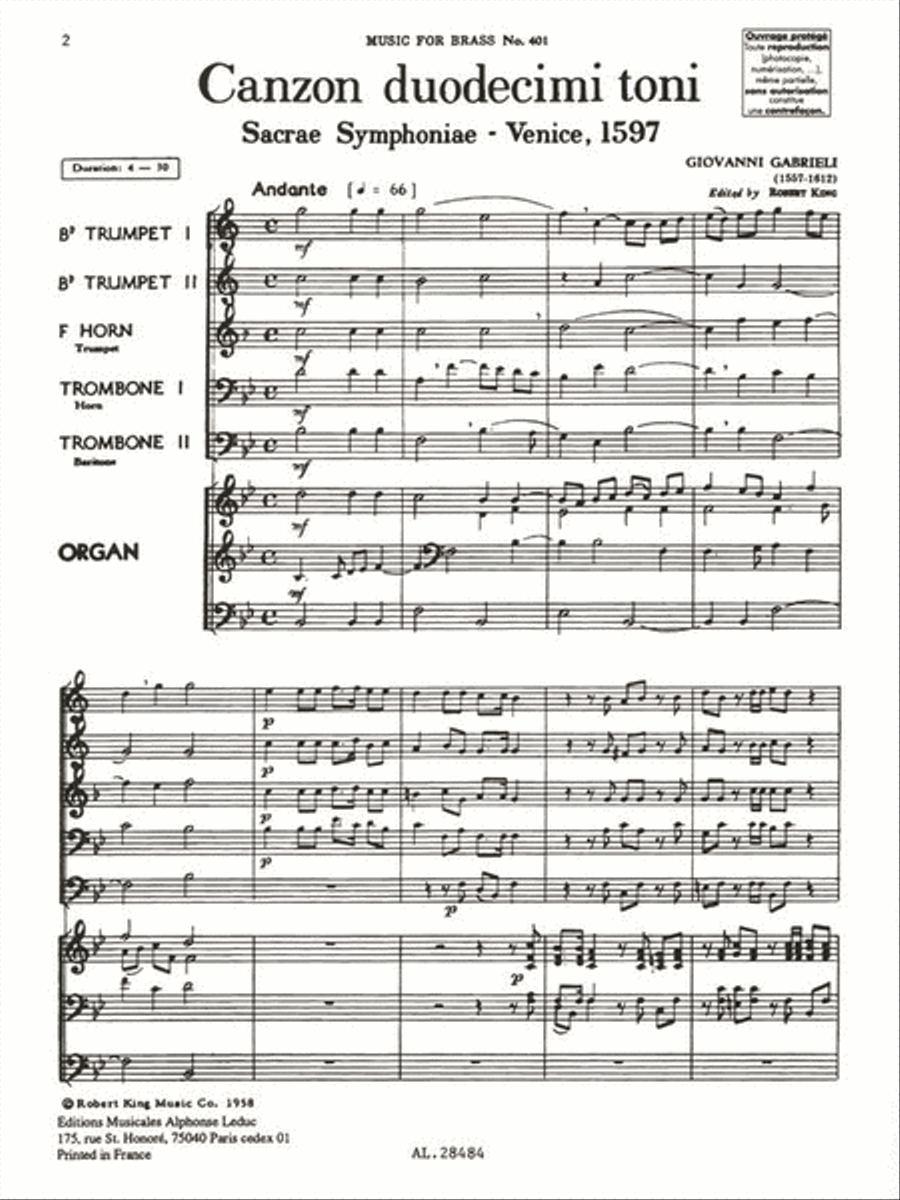 Canzon Duodecimi Toni, Sacred Symphony, Transcribed For Five-part B