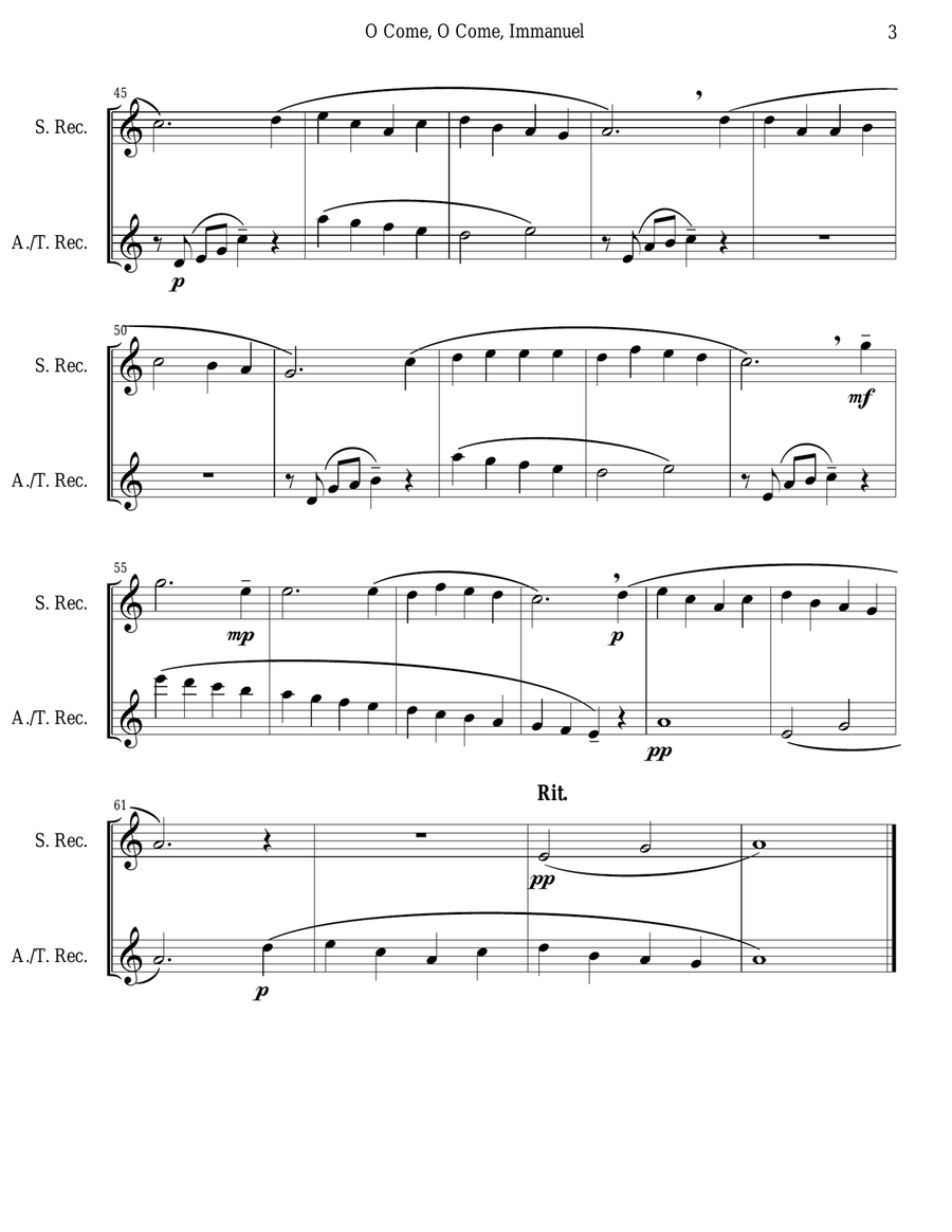 O Come, O Come, Immanuel (Emmanuel) - Recorder Duet (Em-Am) Woodwind Duet scores gallery preview page 3