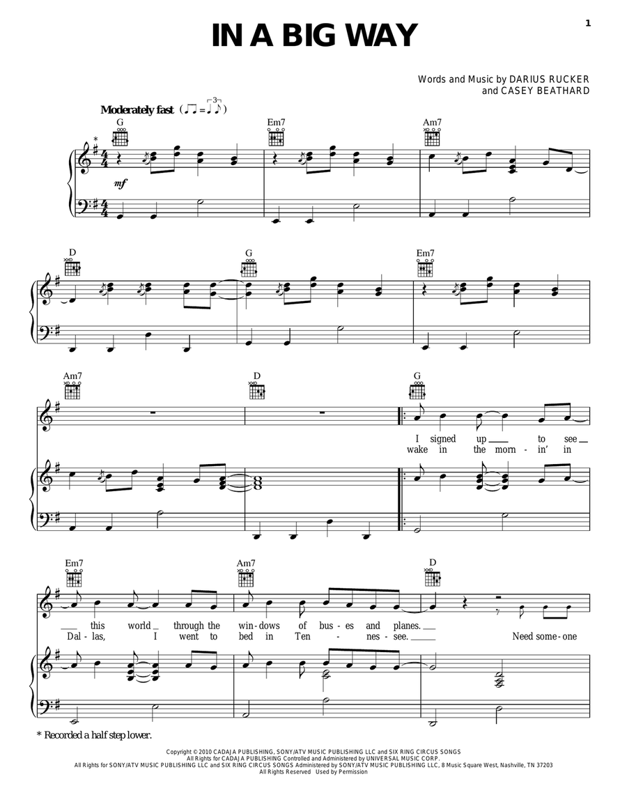 In A Big Way Piano, Vocal, Guitar scores gallery preview page 1
