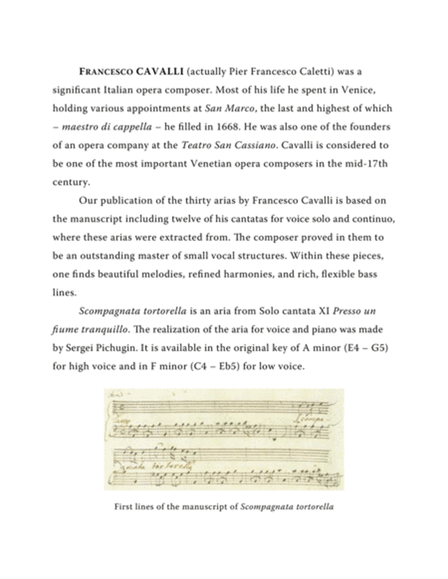 CAVALLI Francesco: Scompagnata tortorella, aria from the cantata, arranged for Voice and Piano (F mi