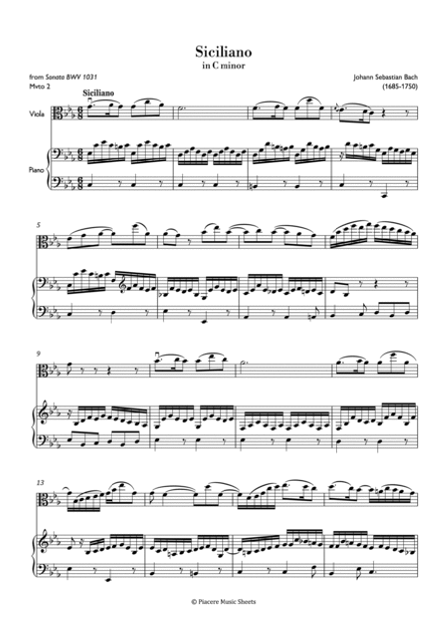 J.S. Bach - Siciliano in C Minor - Intermediate Viola scores gallery preview page 2