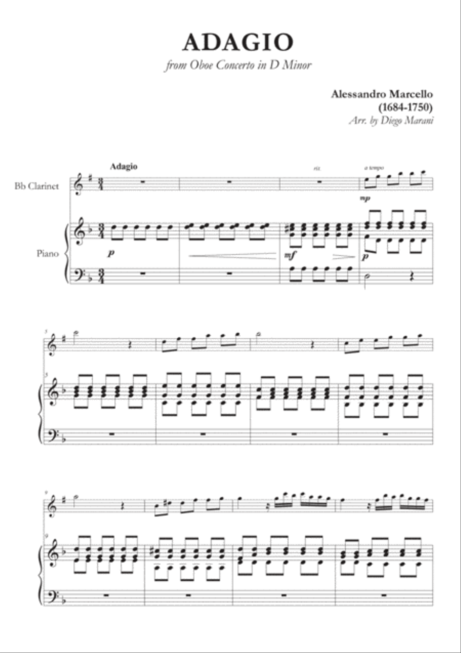 Marcello's Adagio for Clarinet and Piano B-Flat Clarinet scores gallery preview page 2
