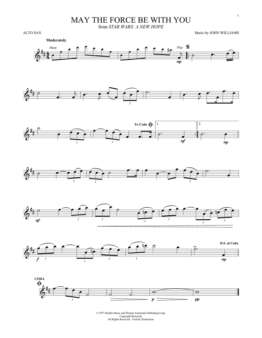 May The Force Be With You (from Star Wars: A New Hope) Alto Saxophone scores gallery preview page 1
