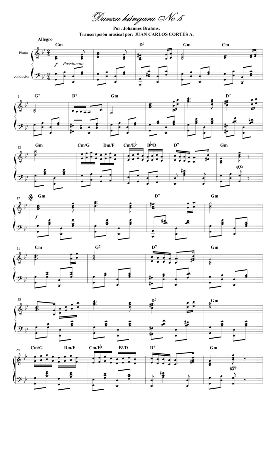 Danza húngara (Ungarischer Tanz) No 5 (WoO 1) por Johannes Brahms Nissen y Kéler Béla. Piano Solo scores gallery preview page 1